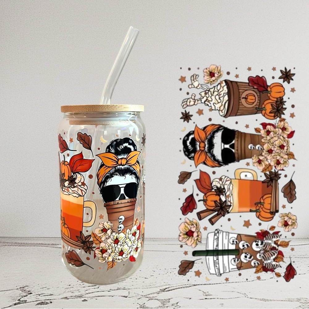 Coffee Messy Bun / Fall Glass Cup with Straw & Cleaner 🍂
